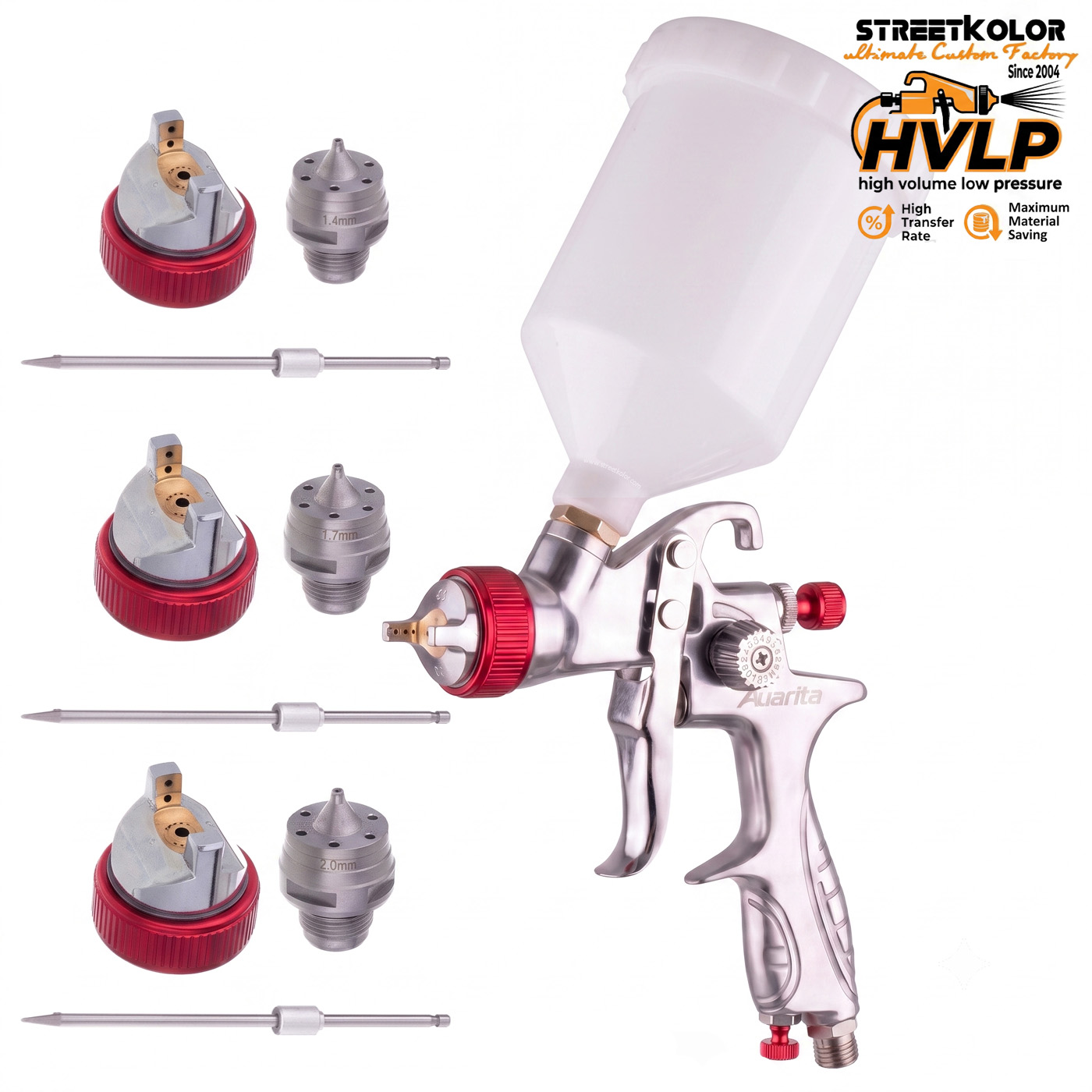 Pistolet lakierniczy Auarita H-887P HVLP 1,3 mm + 1,4 mm + 1,7 mm + 2,0 mm zestaw (170-300 l/min.)