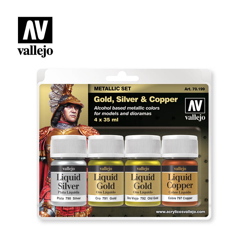 Vallejo 70.199 Liquid Metal GOLD, SILVER & COPPER zestaw farb metalicznych o wysokim połysku 4 x 35ml